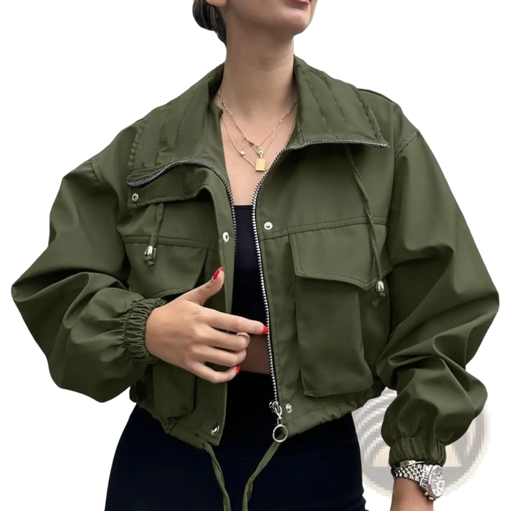Olive green women short zipper trench coat featuring utility design with drawstring cuffs and front pockets