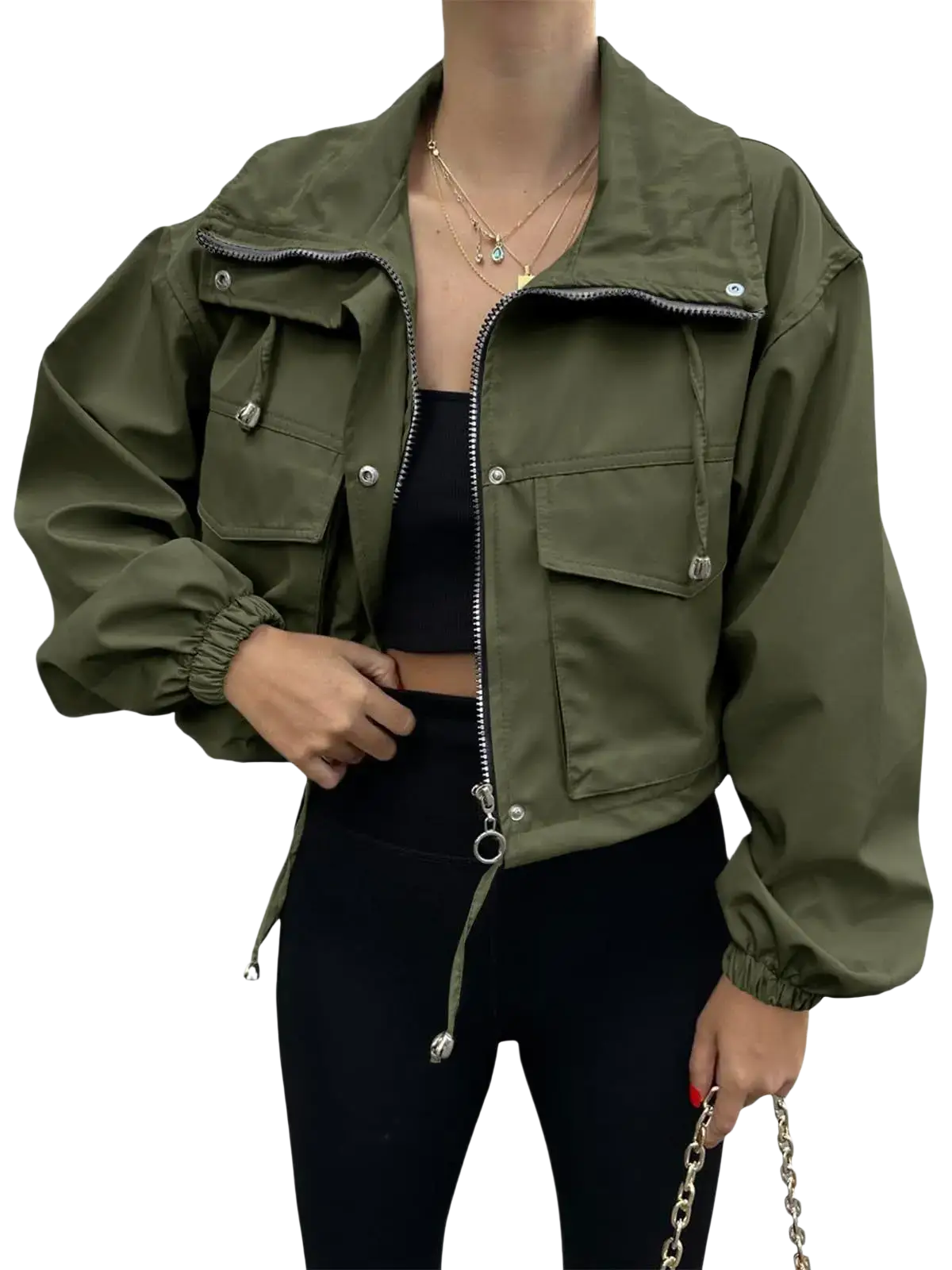 Women short zipper trench coat in olive green utility style with multiple pockets and silver-toned hardware