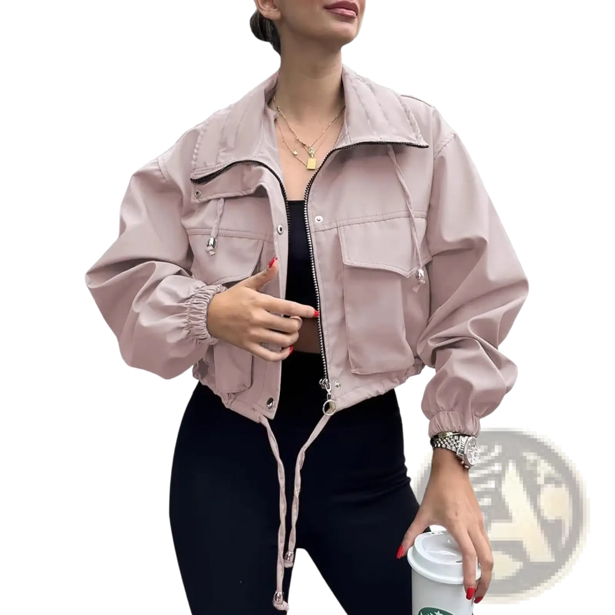 Women short zipper trench coat in soft pink lightweight fabric with relaxed fit and drawstring details for elegant outerwear