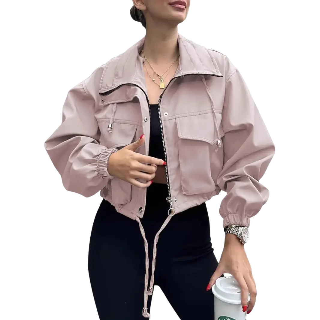 Women short zipper trench coat in soft pink lightweight fabric with relaxed fit and drawstring details for elegant outerwear