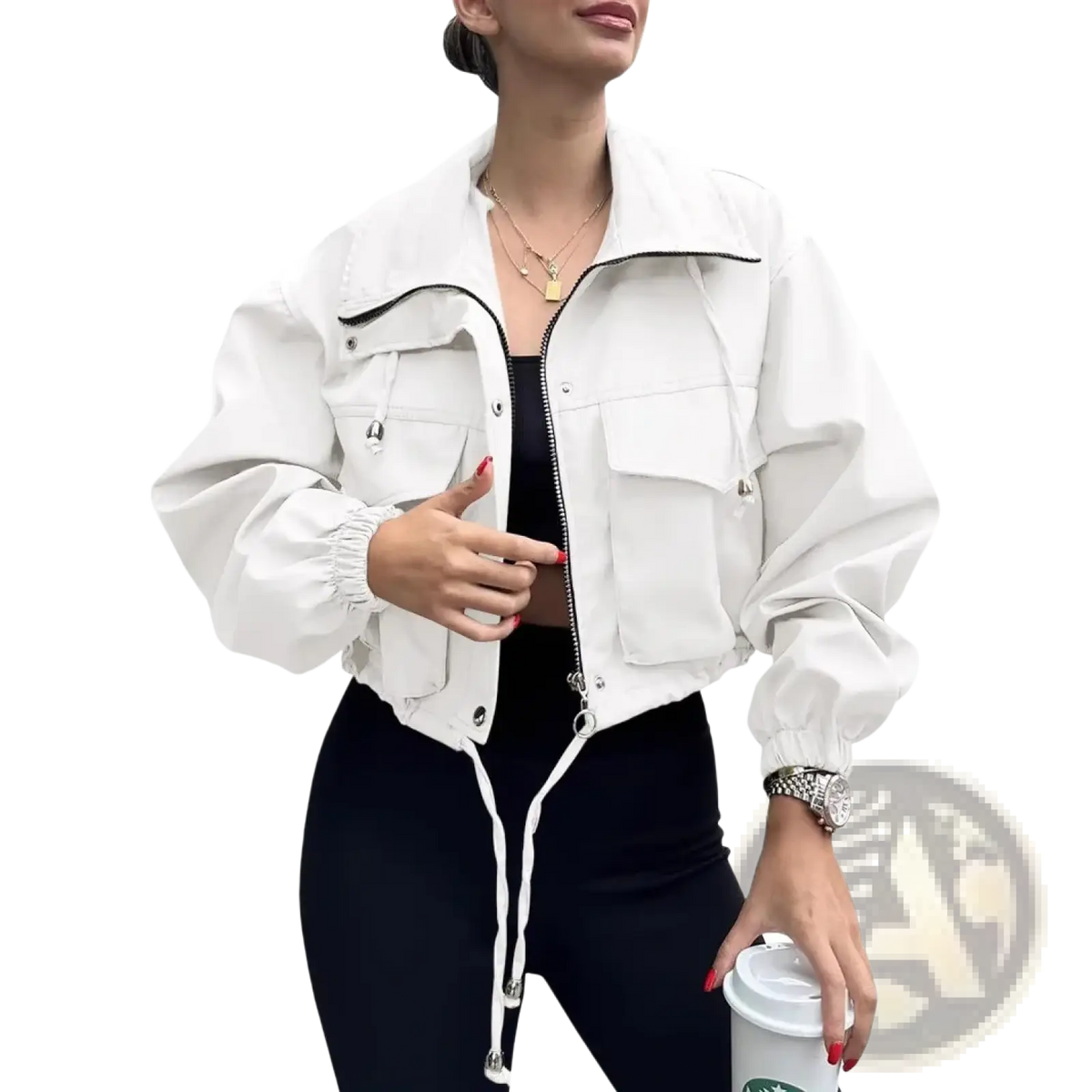 White cropped bomber jacket with black zipper accents and drawstring details in women short zipper trench coat style