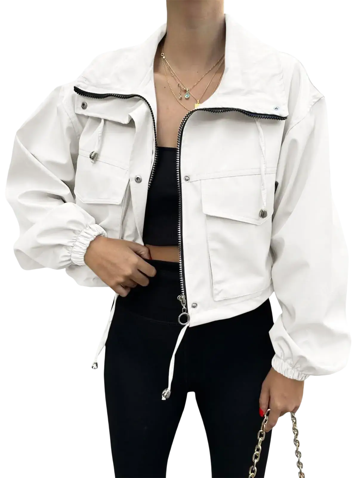 White cropped utility jacket with black zipper accents and silver-toned hardware for elegant women outerwear