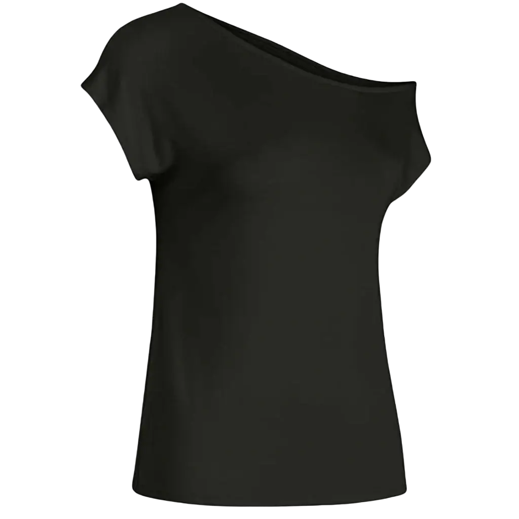 Black one-shoulder short sleeve casual top with smooth flowing fabric and regular sleeve length for women