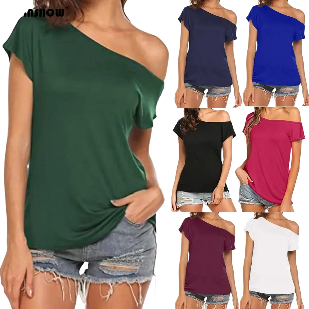 Women off shoulder short sleeve casual top in green with one-shoulder design and flowing relaxed fit with regular sleeve