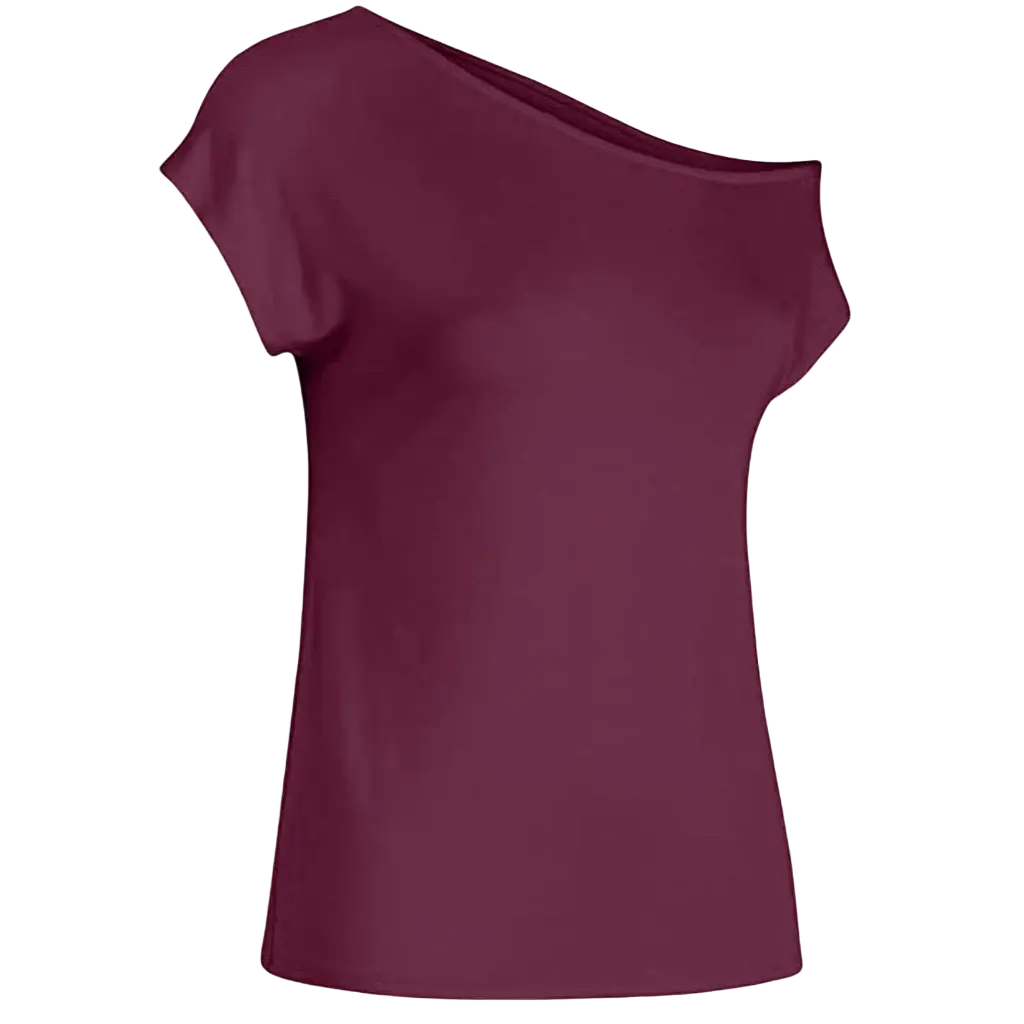 A maroon women off shoulder short sleeve casual top with smooth flowing fabric and regular sleeve design