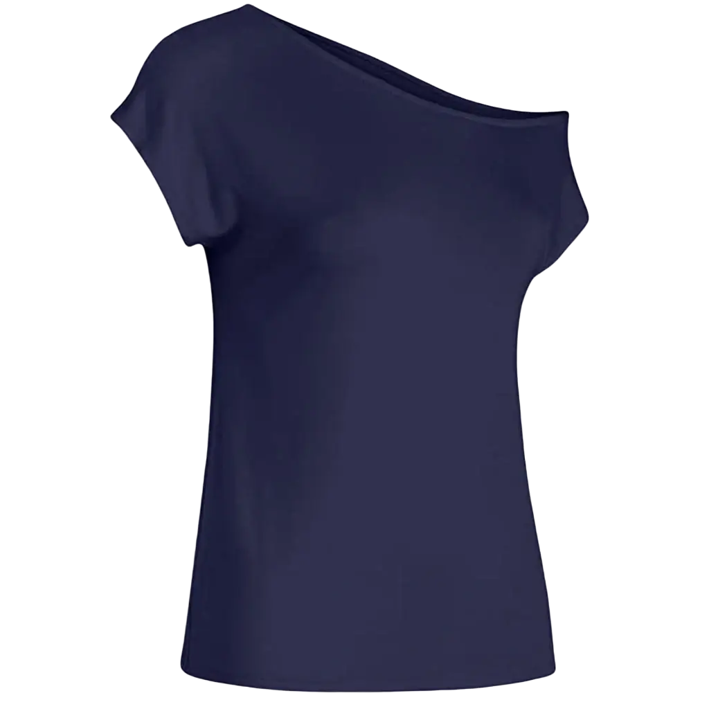 A navy blue women off shoulder short sleeve casual top with smooth flowing fabric and regular sleeve design