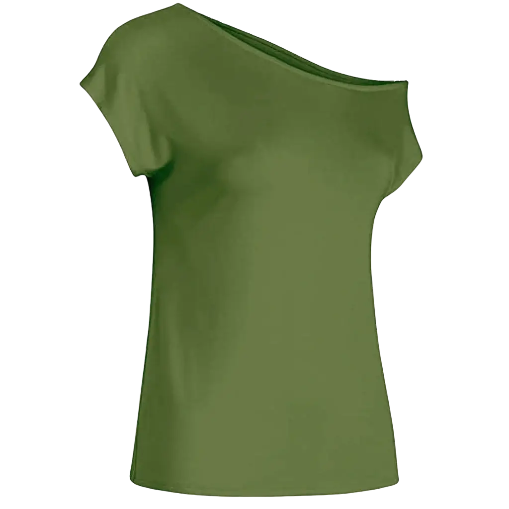 Olive green women off shoulder short sleeve casual top with regular sleeve and smooth flowing fabric