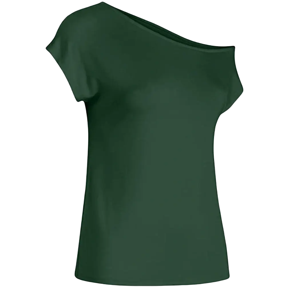Women off shoulder short sleeve casual top in dark green smooth flowing fabric with a sleek one-shoulder design