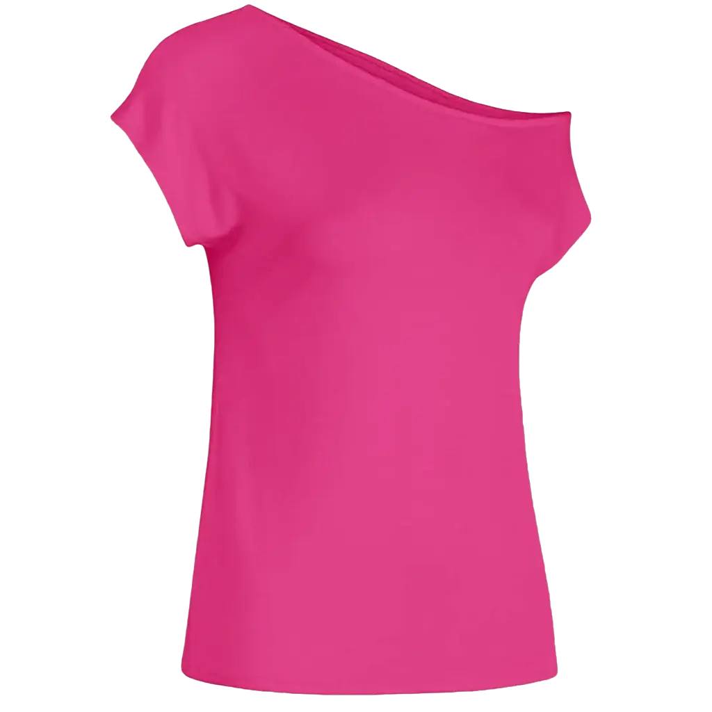 A vibrant fuchsia women off shoulder short sleeve casual top with one shoulder and smooth flowing fabric