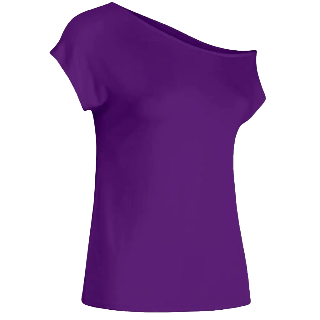 Women off shoulder short sleeve casual top in vibrant purple with smooth flowing fabric and one shoulder sleeve style