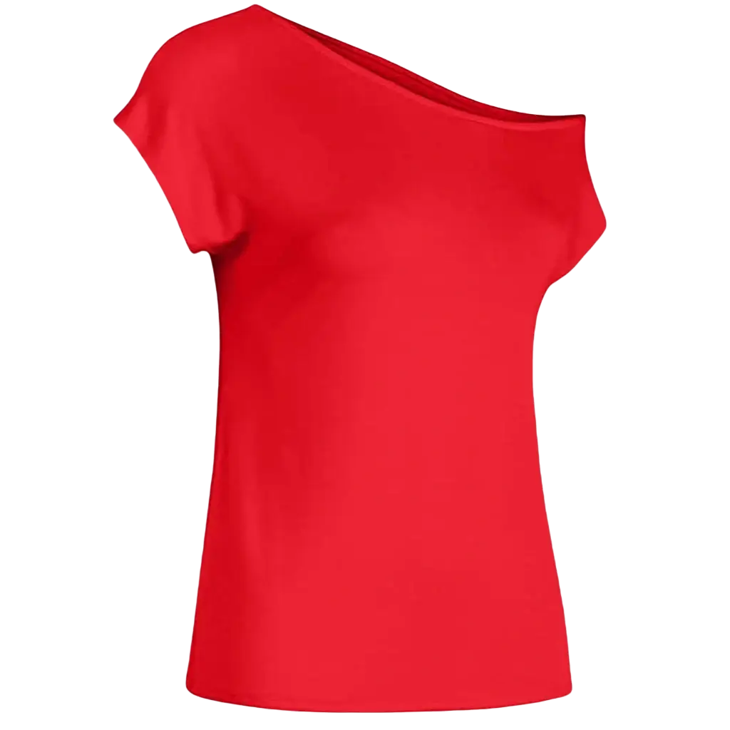 A vibrant red women off shoulder short sleeve casual top with one-shoulder design and smooth flowing fabric
