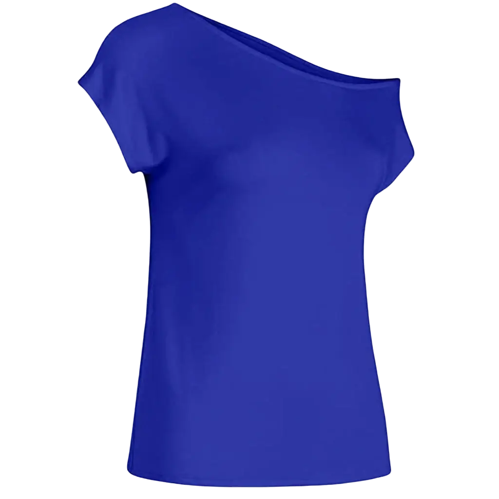 A vibrant royal blue women off shoulder short sleeve casual top with smooth satin fabric and flowing regular sleeve design