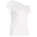 White women off shoulder short sleeve casual top with smooth flowing fabric and stylish one shoulder sleeve style