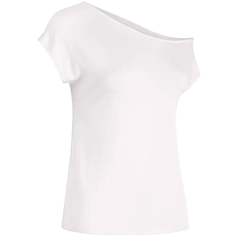 White women off shoulder short sleeve casual top with smooth flowing fabric and stylish one shoulder sleeve style