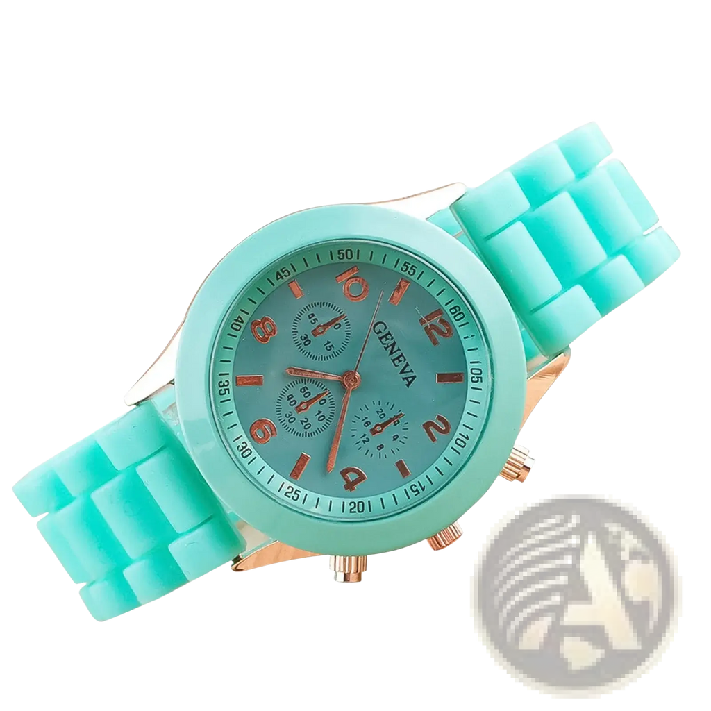 Women silicone quartz chronograph watch with turquoise silicone strap and rose gold-tone accents on the dial