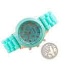 Women silicone quartz chronograph watch with turquoise silicone strap and rose gold-tone accents on the dial