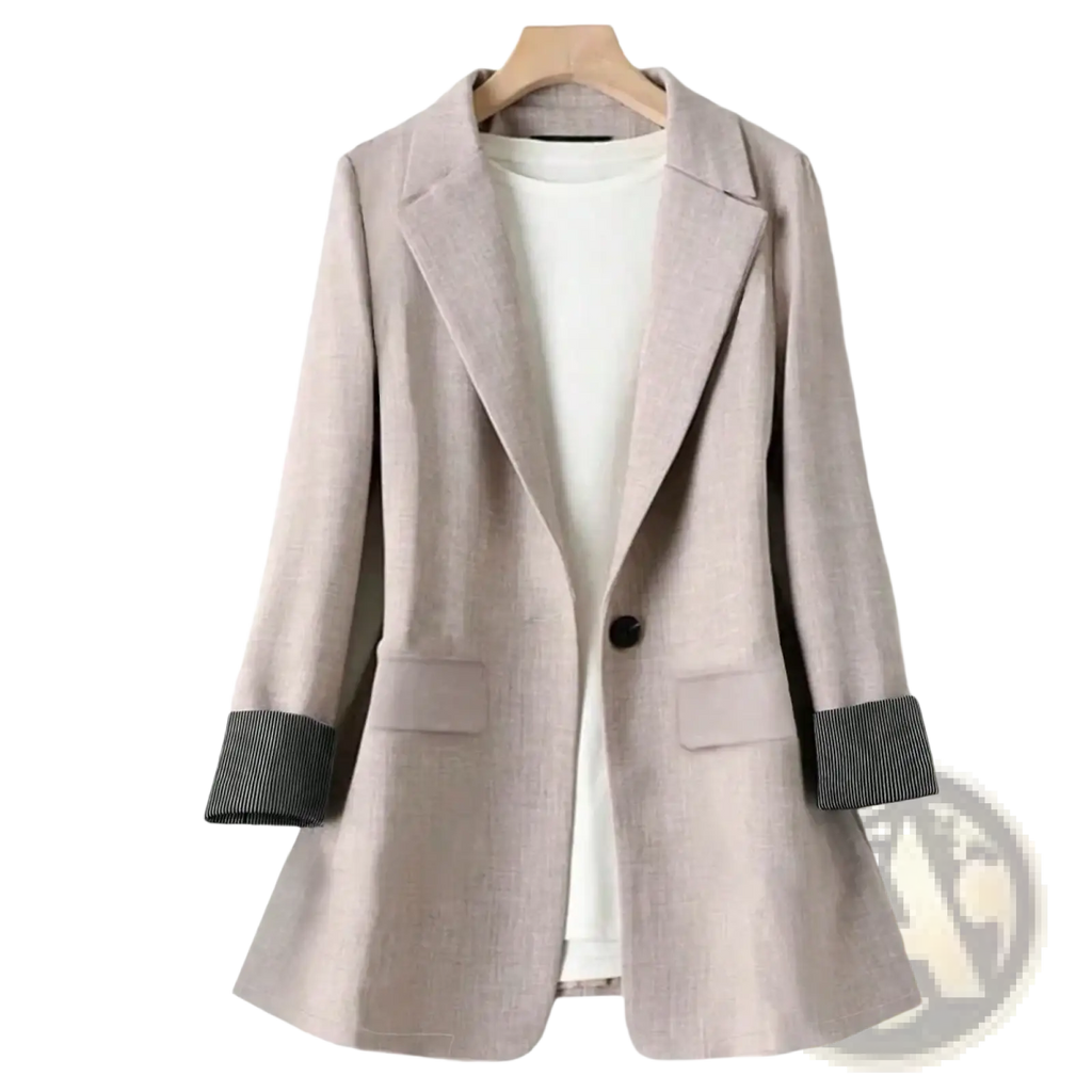 Women single button blazer in light beige linen with loose fit and black and white striped cuffs