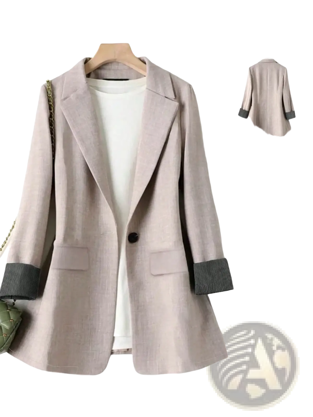 Beige women single button blazer with loose fit and black and white striped cuffs for stylish office wear