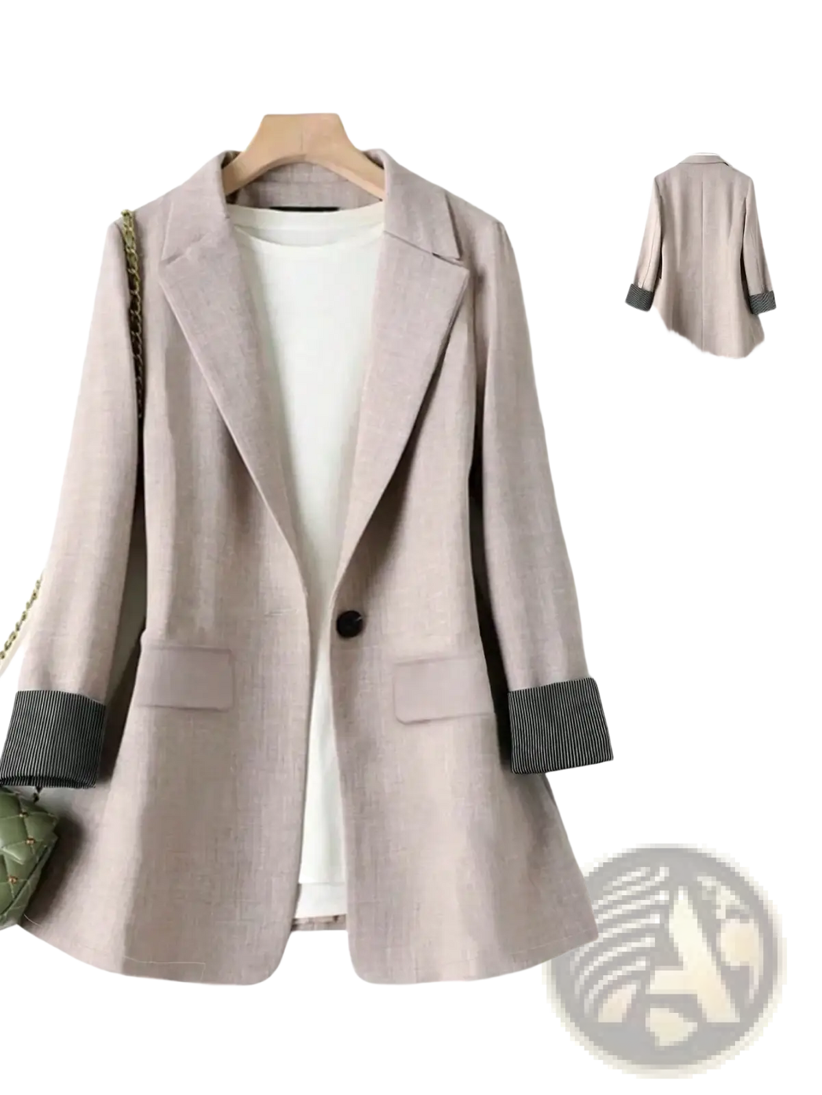 Beige women single button blazer with loose fit and black and white striped cuffs for stylish office wear