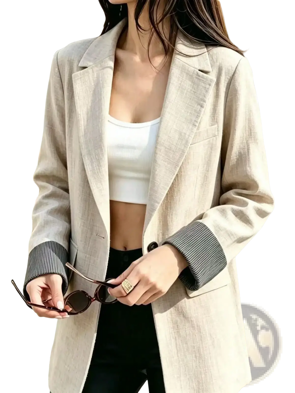 Beige linen women single button blazer with contrasting gray ribbed striped cuffs and a loose fit design