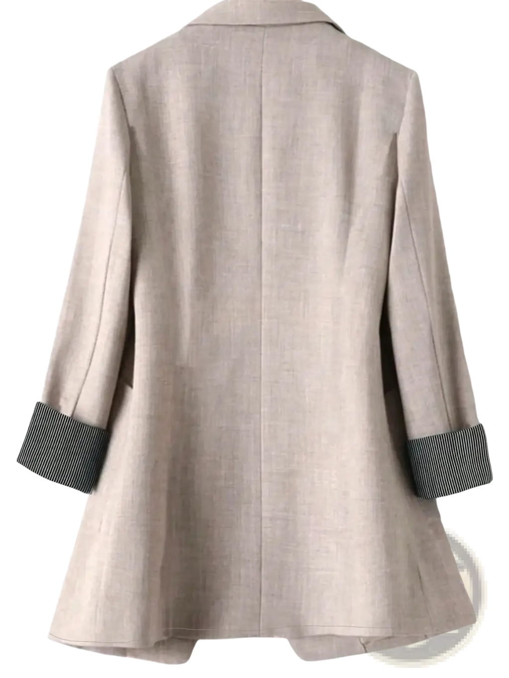 Beige linen women single button blazer with loose fit and black and white striped cuffs for stylish layering