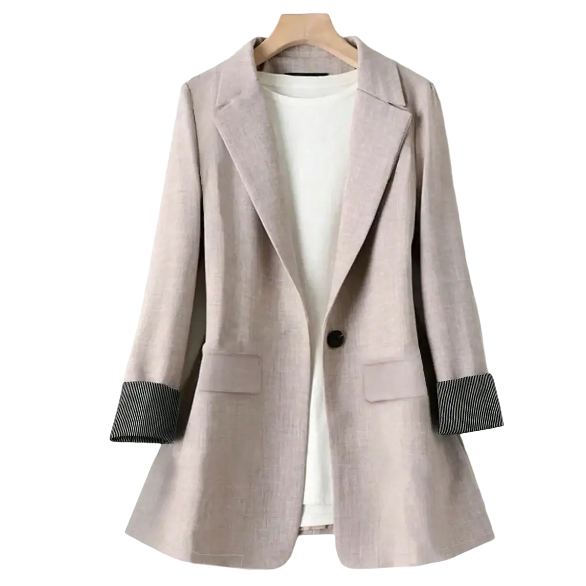 Women single button blazer in light beige linen with loose fit and black and white striped cuffs