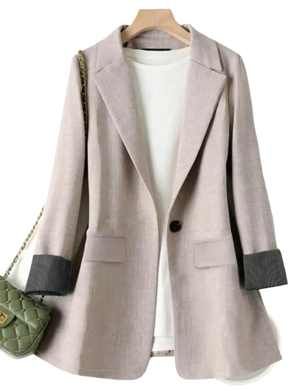 Women single button blazer in soft beige textured fabric with loose fit and black and white striped cuffs