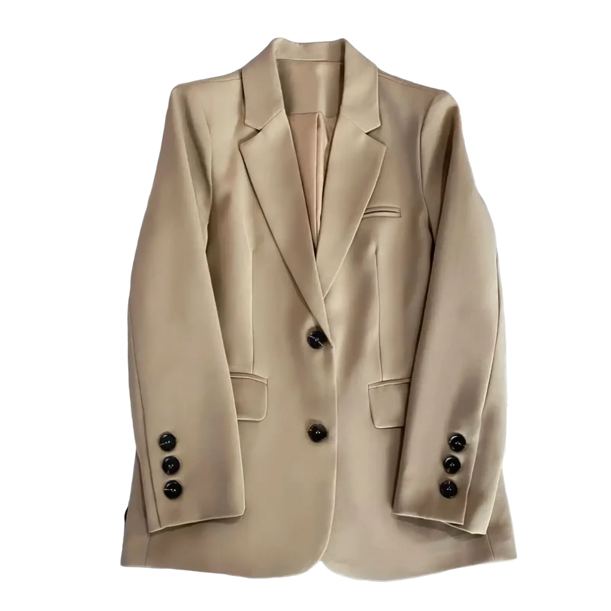 Beige women single button tailored blazer jacket with black buttons and a fitted design for formal wear