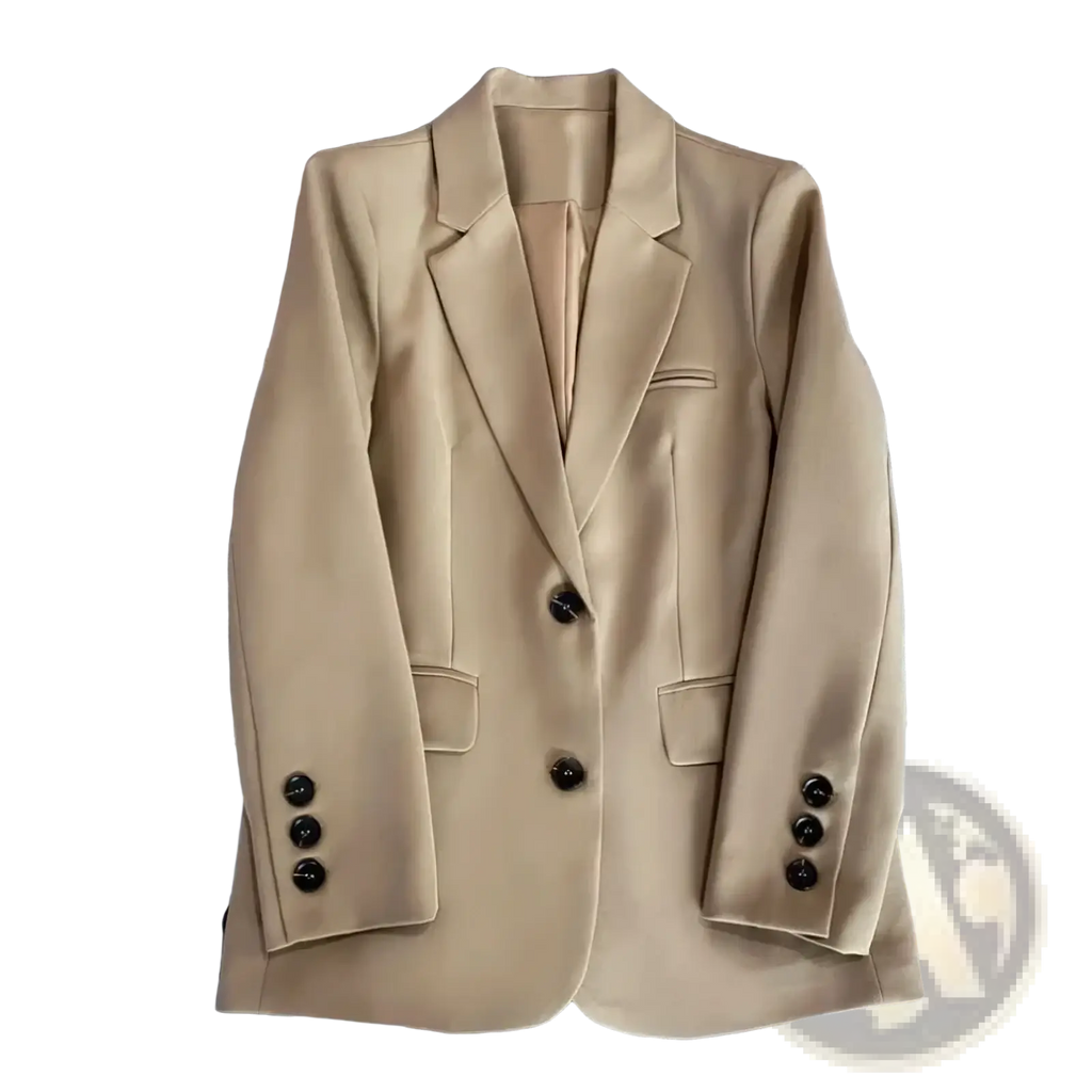 Beige women single button tailored blazer jacket with black buttons and a fitted design for formal wear