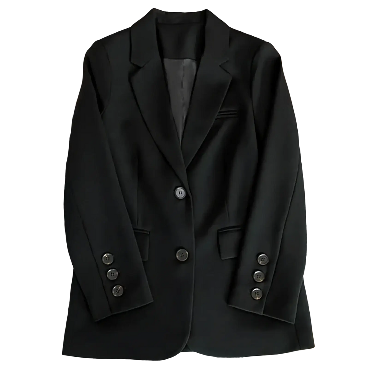 Women single button tailored blazer jacket in black featuring a double-breasted design and dark gray inner lining