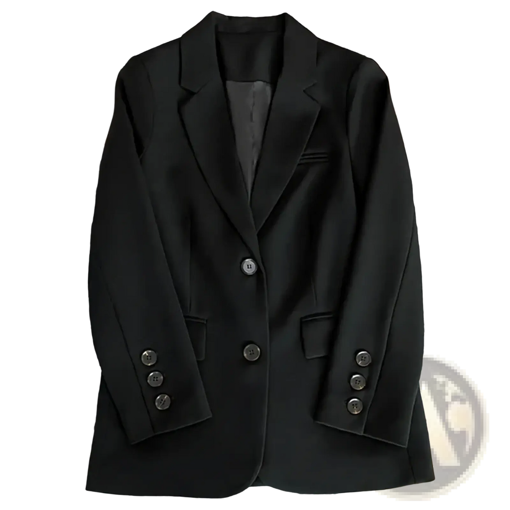 Women single button tailored blazer jacket in black featuring a double-breasted design and dark gray inner lining