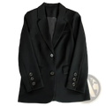 Women single button tailored blazer jacket in black featuring a double-breasted design and dark gray inner lining