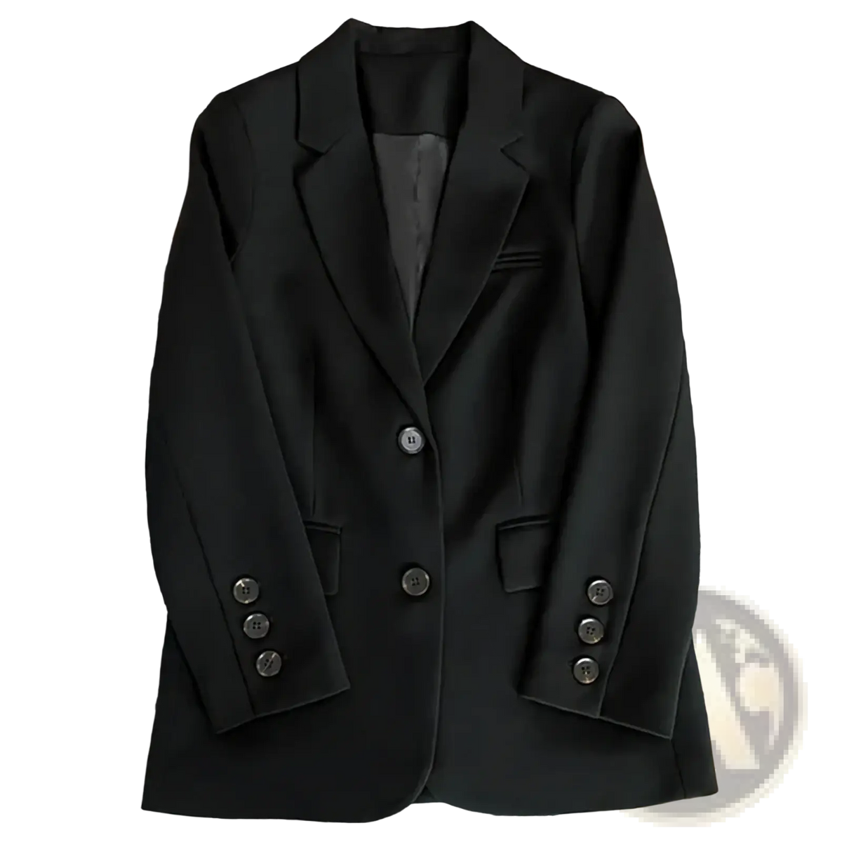 Women single button tailored blazer jacket in black featuring a double-breasted design and dark gray inner lining