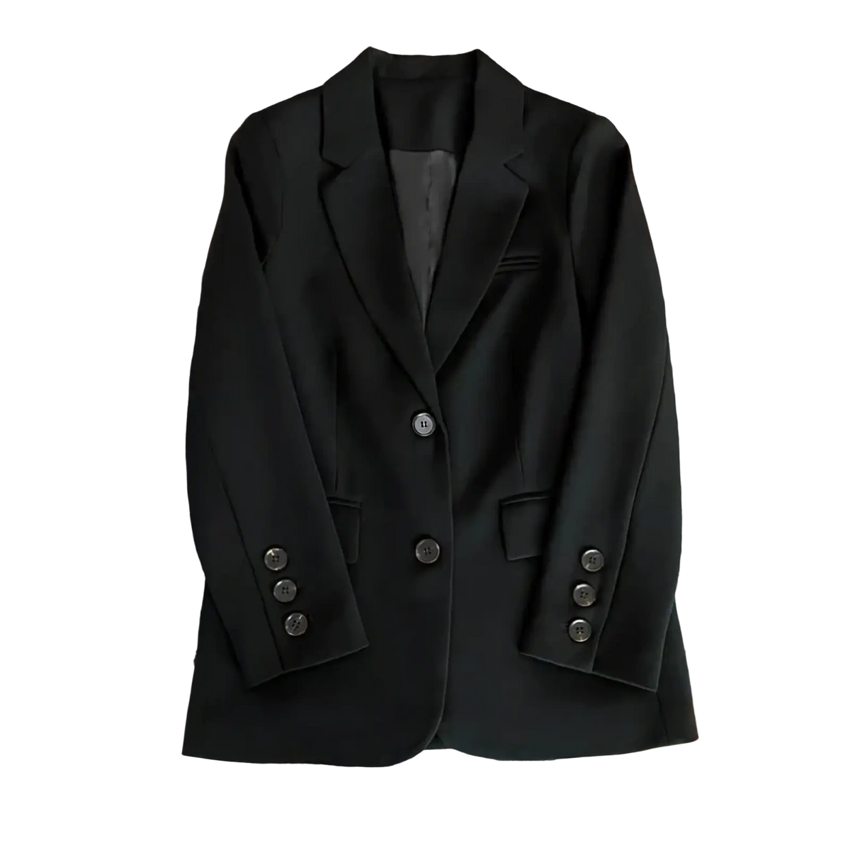 Black tailored blazer jacket with sleek fit and classic double-breasted design for women