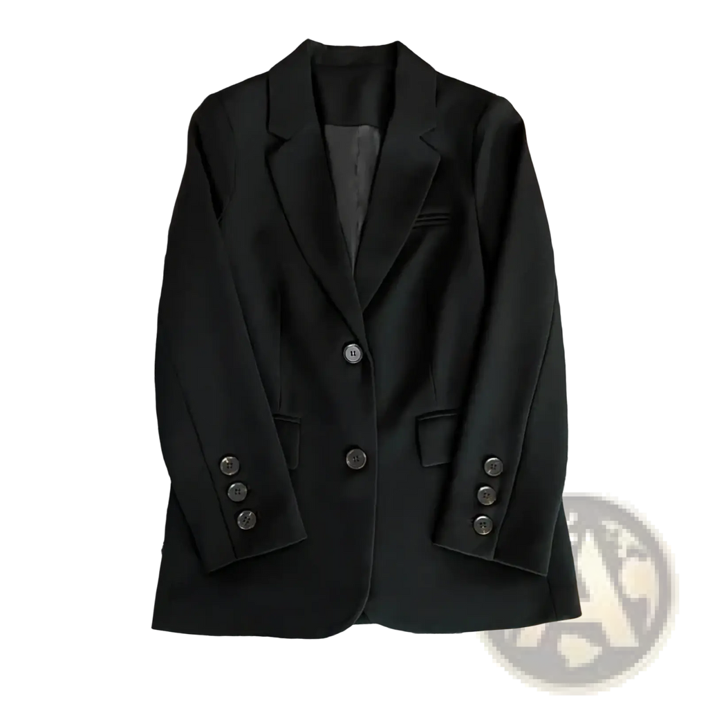 Black tailored blazer jacket with sleek fit and classic double-breasted design for women