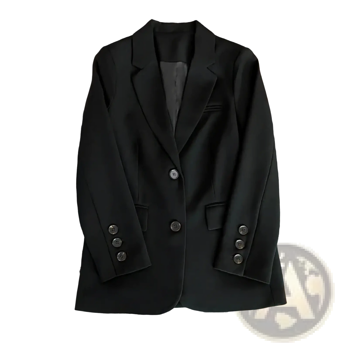 Black tailored blazer jacket with sleek fit and classic double-breasted design for women