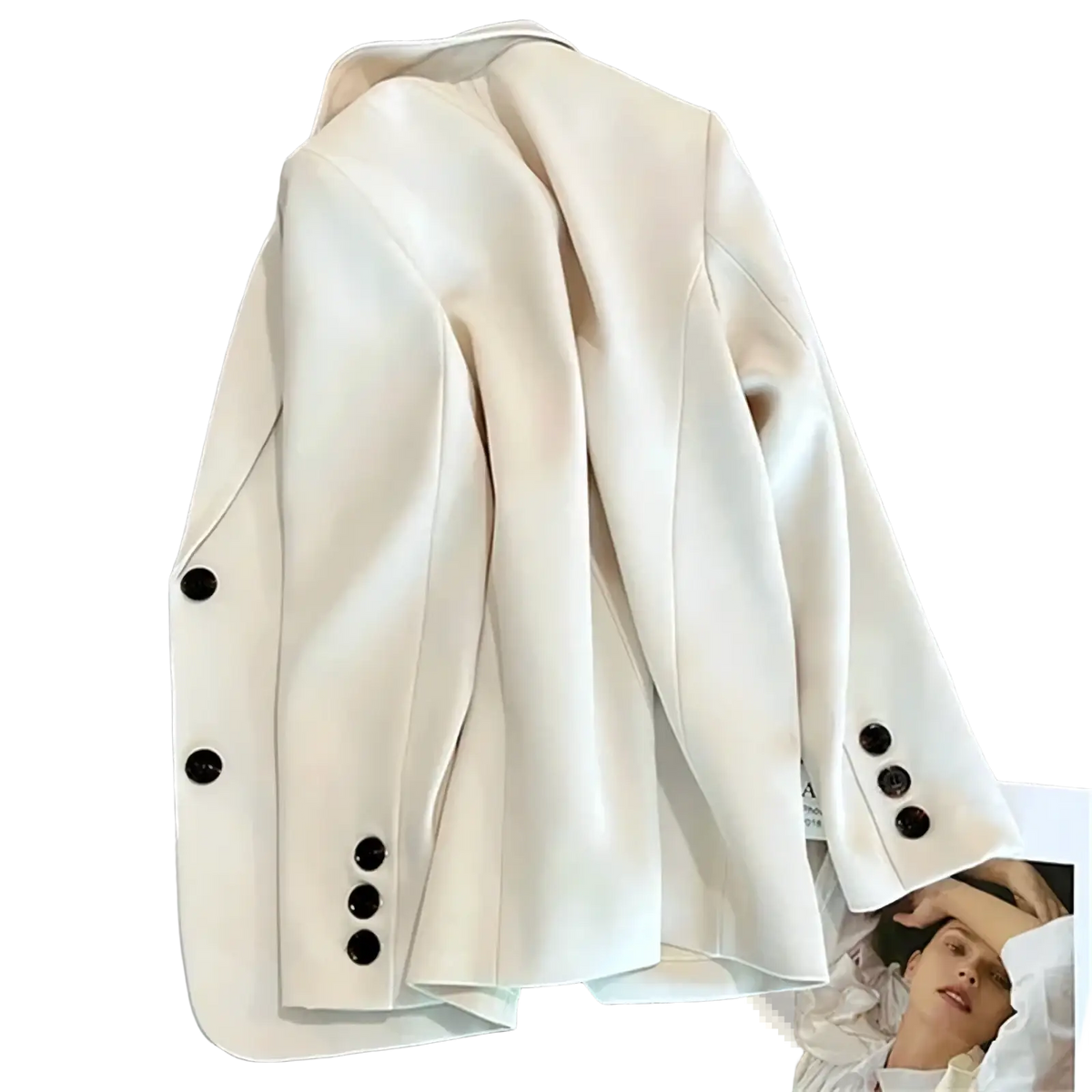 Cream-colored women single button tailored blazer jacket with black buttons and sleek tailored design