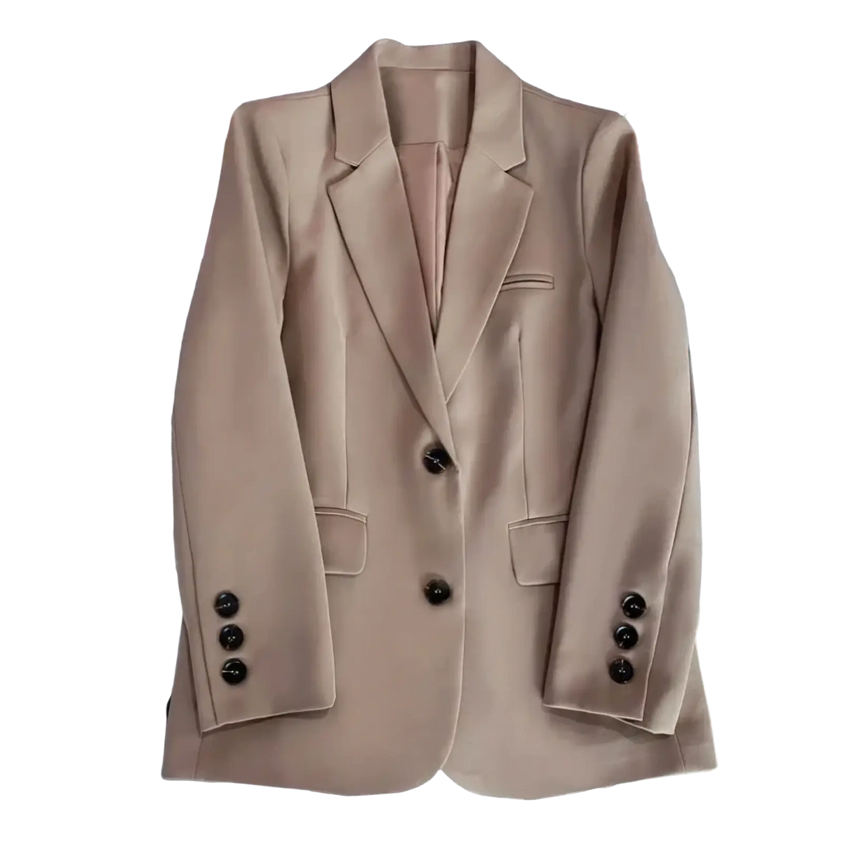 Women single button tailored blazer jacket in camel color with a sleek fit and black buttons for a polished look