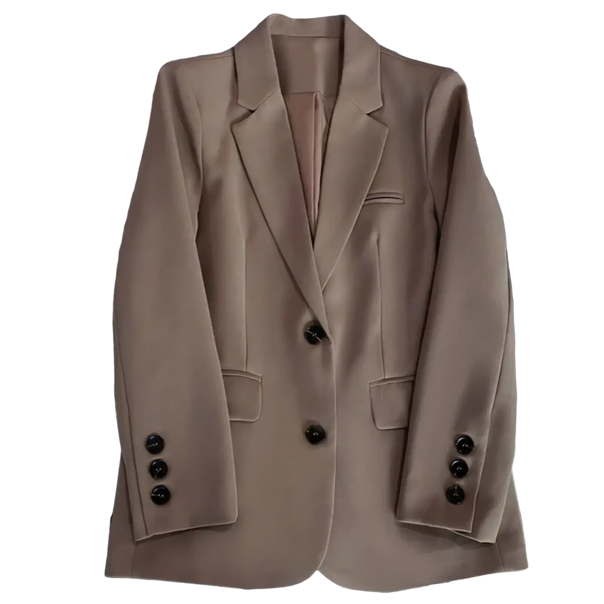 A sleek camel-colored women single button tailored blazer jacket with a fitted design and black buttons