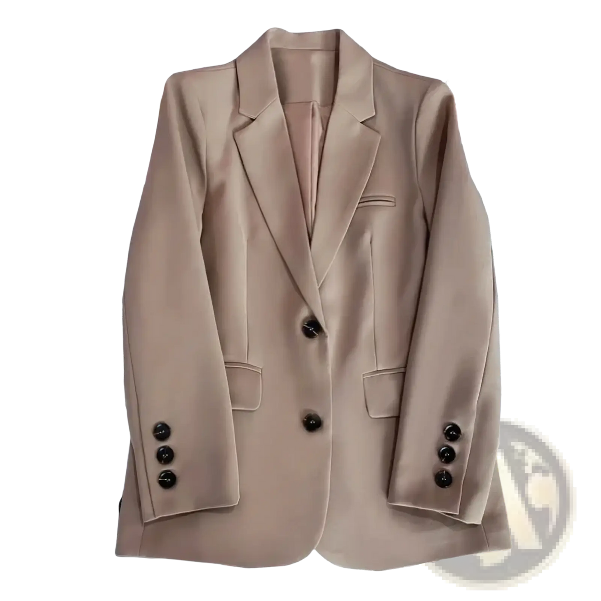 Women single button tailored blazer jacket in camel color with a sleek fit and black buttons for a polished look