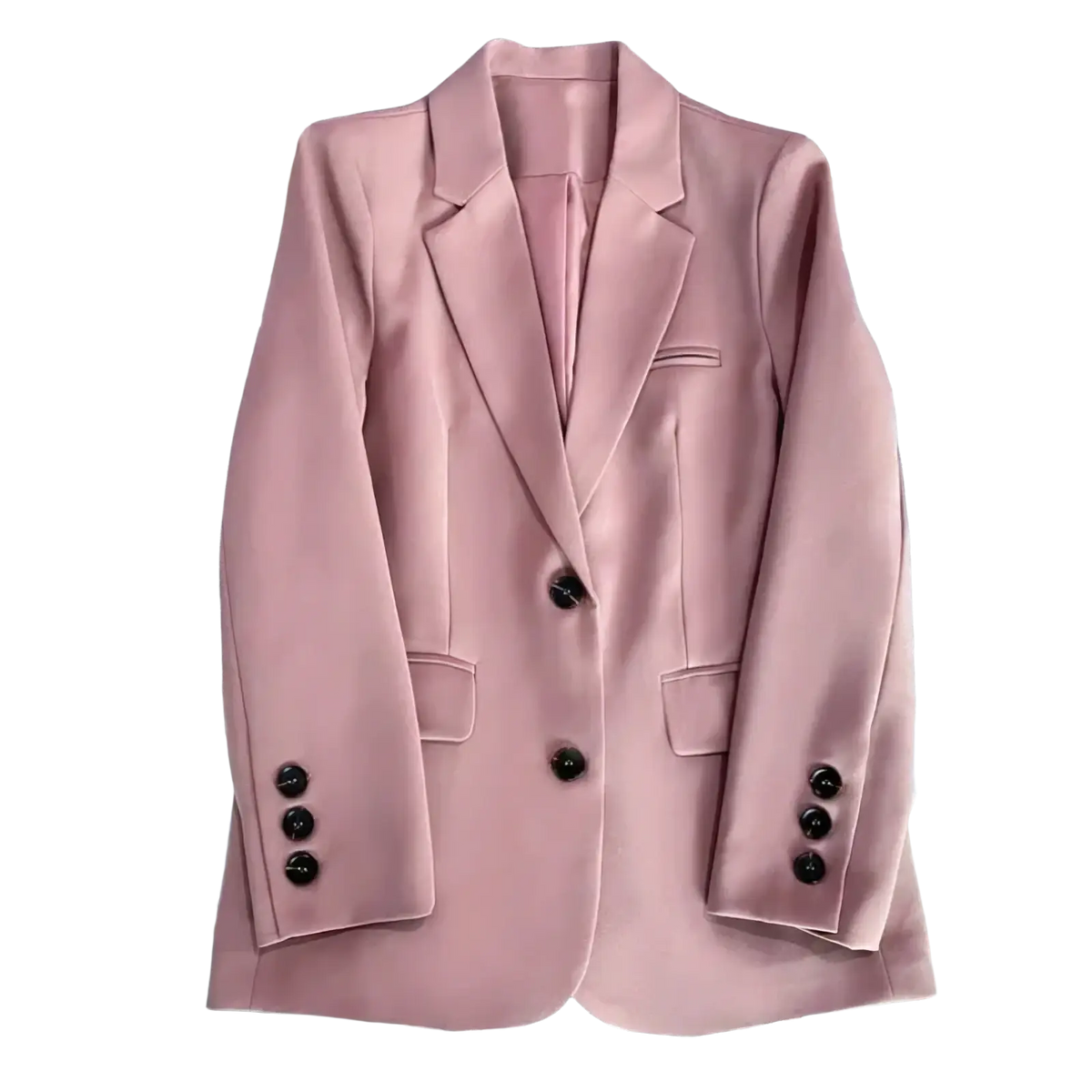 Women single button tailored blazer jacket in soft pink with sleek fit and black buttons for professional wear