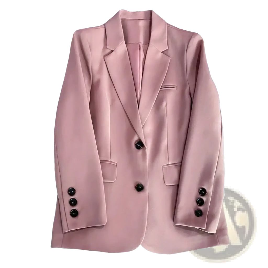 Women single button tailored blazer jacket in soft pink with sleek fit and black buttons for professional wear