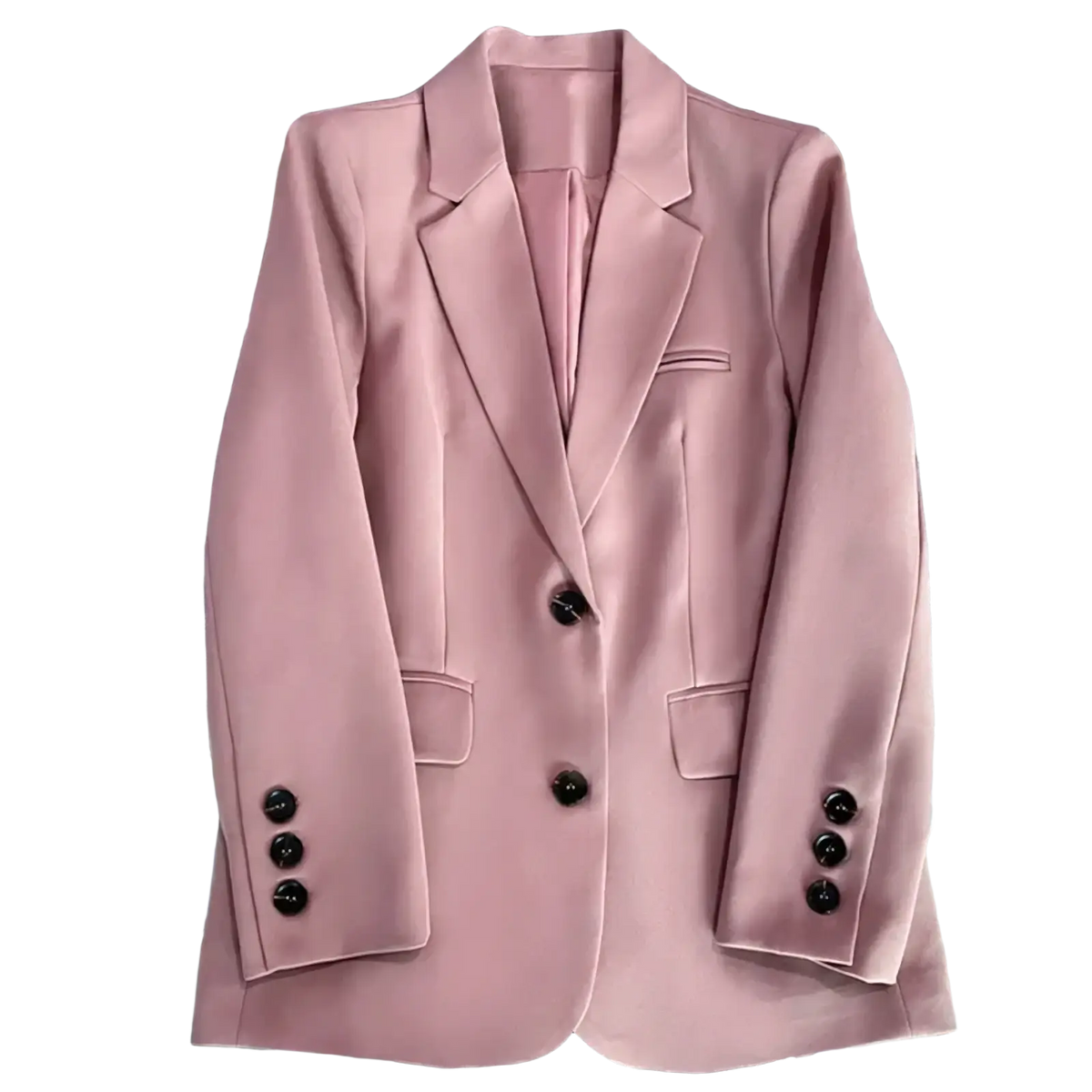 A women single button tailored blazer jacket in soft pink velvet with black buttons and a fitted silhouette