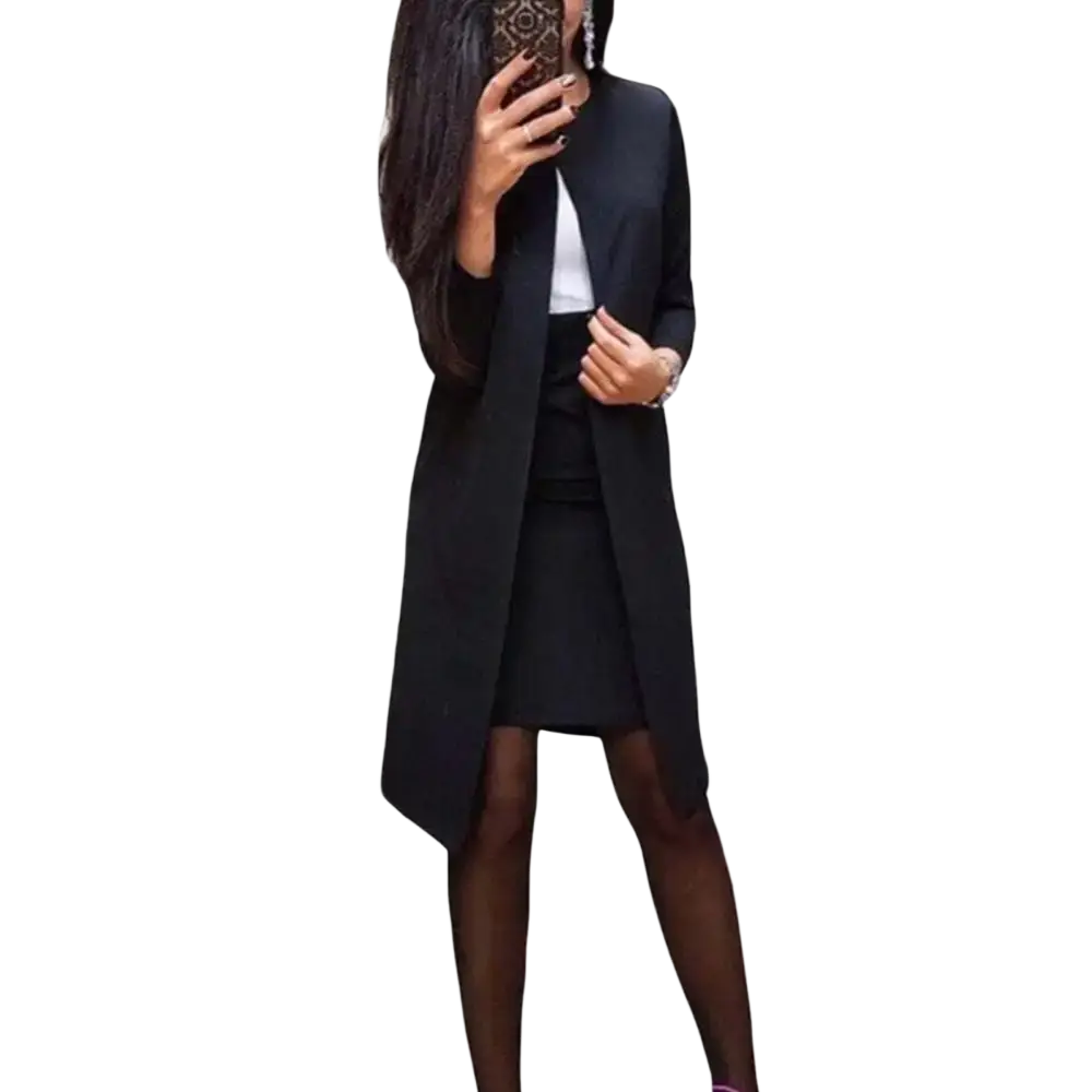 Black longline cardigan with sleek tailored fit and asymmetrical hem, part of women skirt suit office business formal pencil set