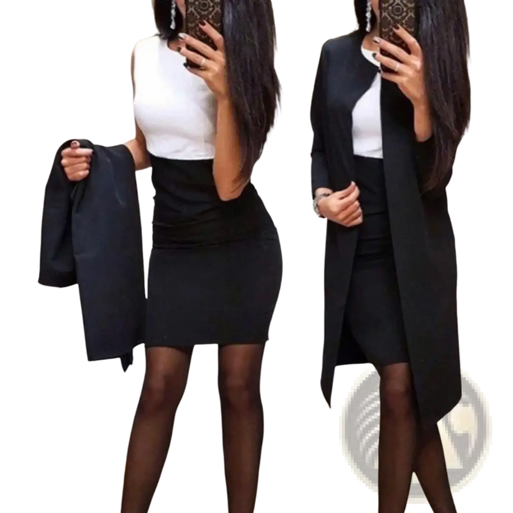 Black tailored blazer with sleek modern cut and subtle asymmetrical hemline in women skirt suit office formal set