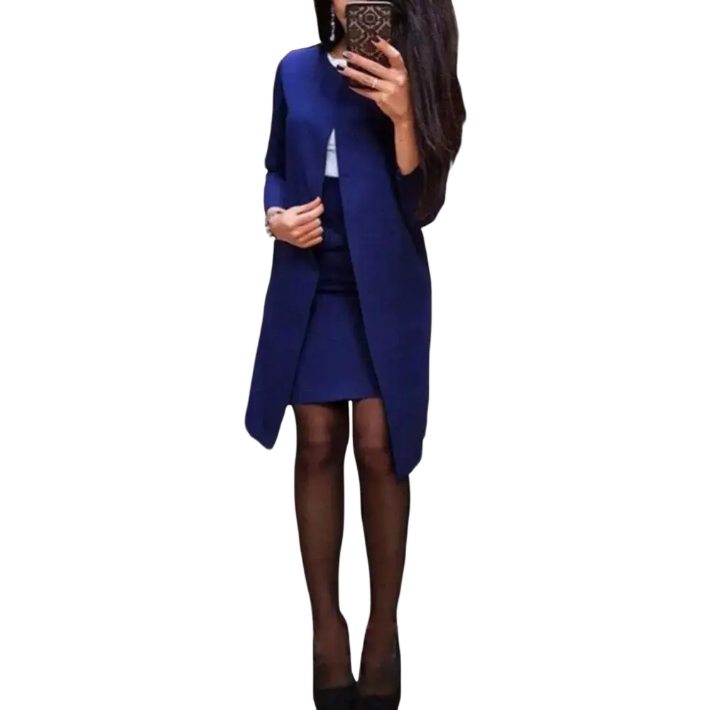 Navy blue longline coat with sleek tailored fit and asymmetrical hem paired with women skirt suit office pencil skirt set