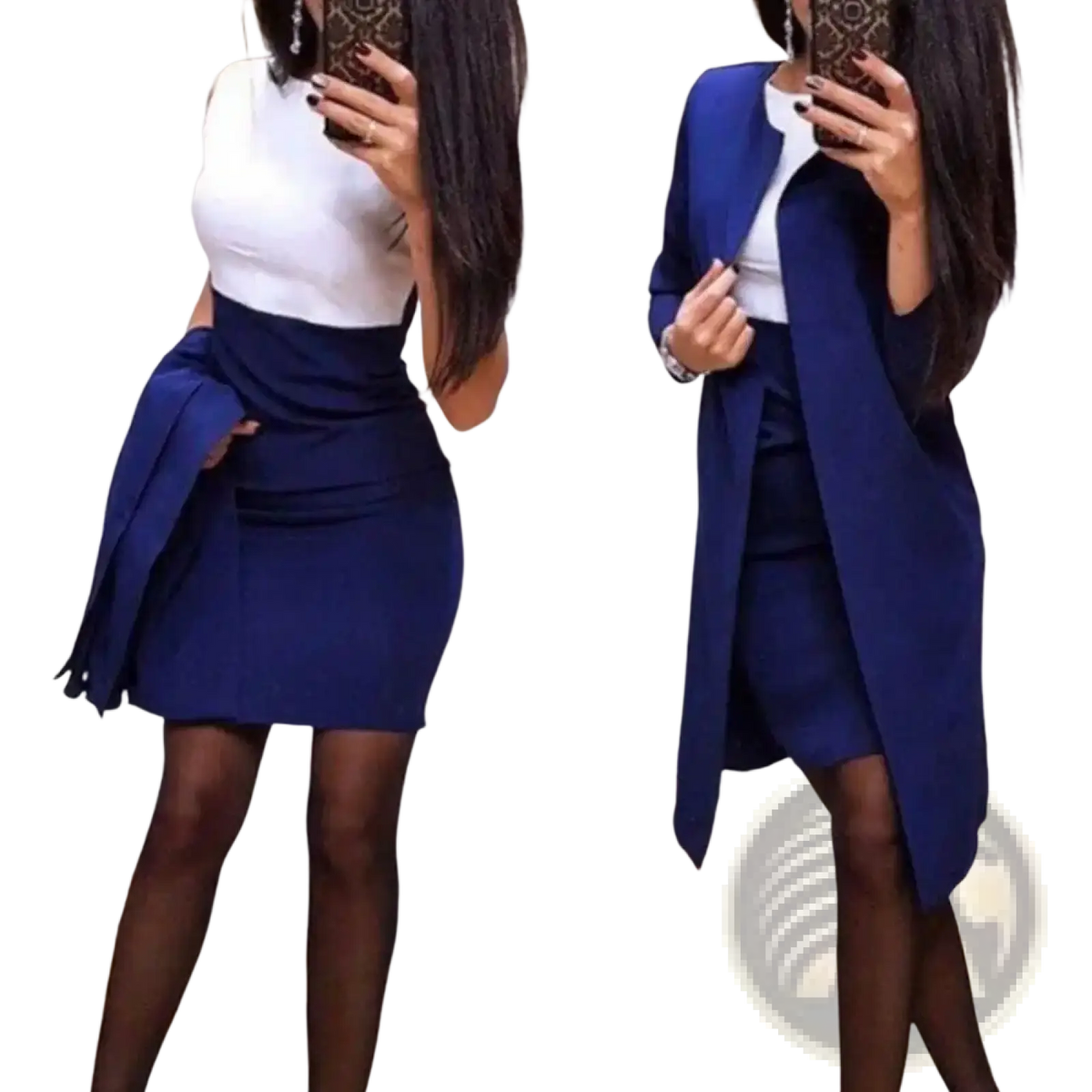 Navy blue tailored coat with sleek modern design and asymmetrical hemline from women skirt suit office business set