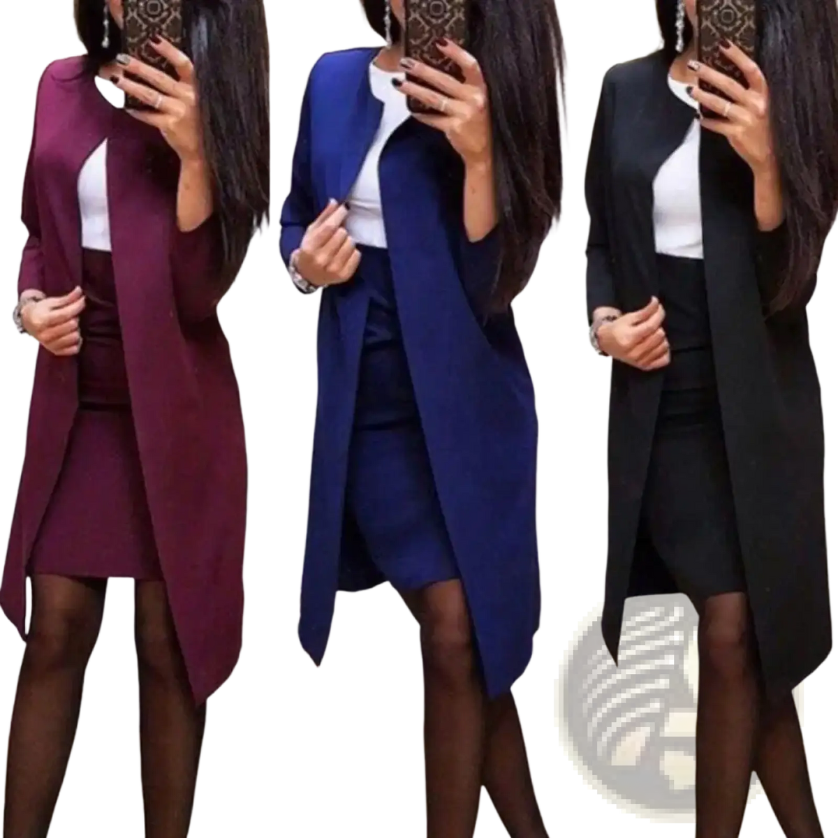 Women skirt suit office business formal pencil skirt set with burgundy navy blue or black long-sleeved open-front coat