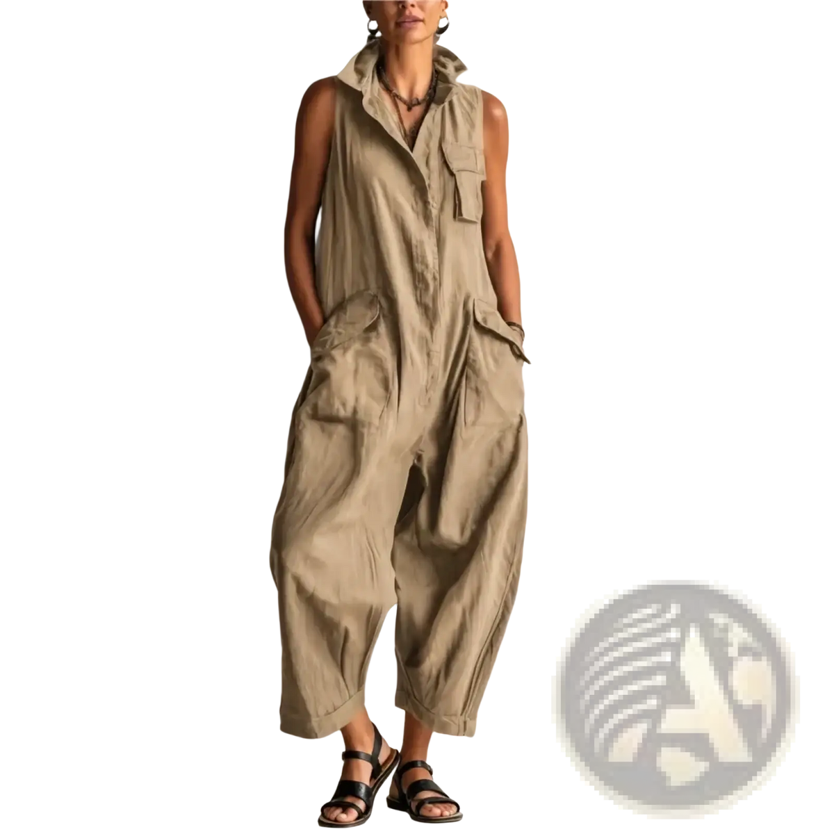 Beige sleeveless pocket jumpsuit for women featuring a collar, multiple pockets, and loose-fitting wide legs
