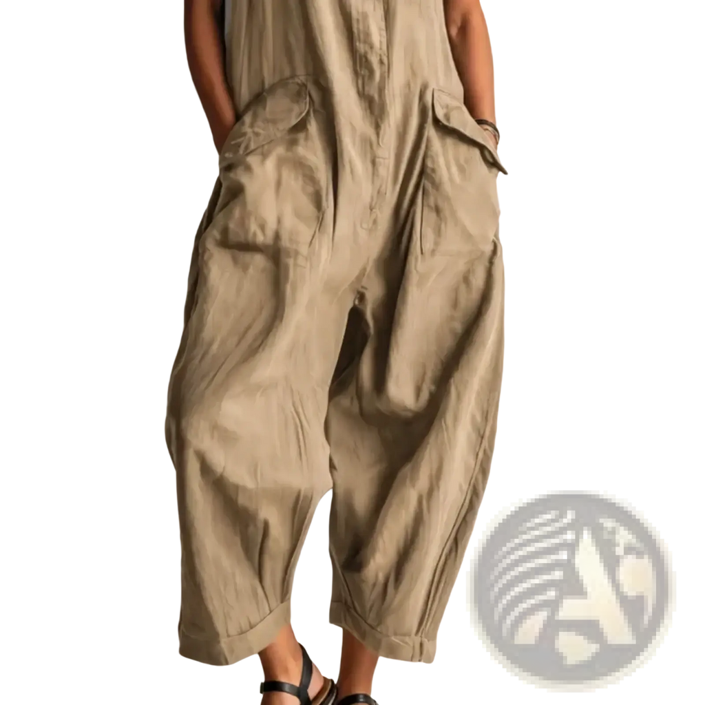 Women sleeveless pocket jumpsuit in beige linen with wide relaxed fit and large front pockets